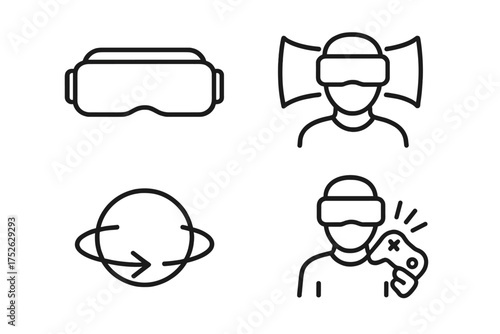 Virtual reality glasses and headset line icon bundle, VR simulation, immersive 360 panoramic view, interactive gaming concept, virtual experience technology illustration