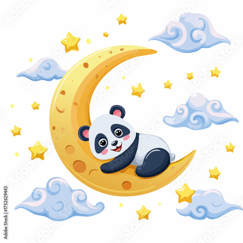 Adorable baby panda comfortably resting on a golden crescent moon, surrounded by twinkling stars and fluffy clouds, evoking a peaceful nighttime dream scene for children's themes and designs