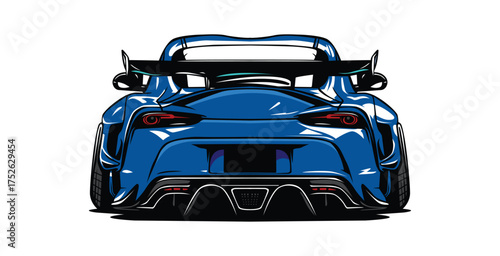 Wide body blue sports car rear view, large wing and diffuser.