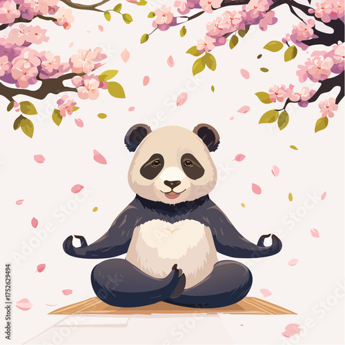 Serene panda meditating peacefully in a lotus pose under a vibrant canopy of delicate pink cherry blossoms, radiating tranquility and mindfulness in a delightful spring illustration