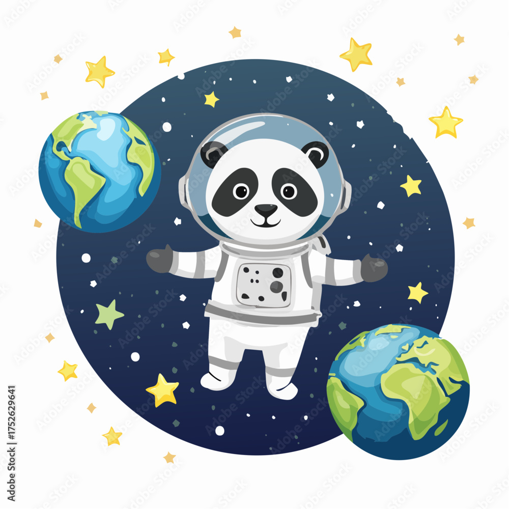 Fototapeta premium Adorable cartoon panda astronaut exploring the vastness of space amidst twinkling stars and orbiting planets, embodying a playful concept of cosmic adventure and discovery