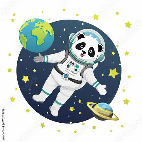 Cute astronaut panda floating in outer space with planets and stars, whimsical cosmic adventure illustration