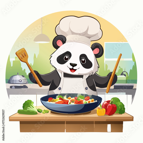 Chef Panda Cooking a Delicious Meal with Fresh Vegetables in a Bright Kitchen Setting