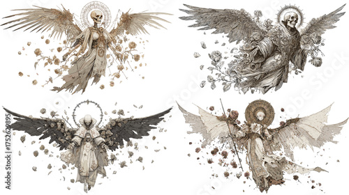 Fantasy illustration of fallen angels with halos, robes, and wings in dramatic motion vintage sketch art inspired by myth and sacred symbolism.