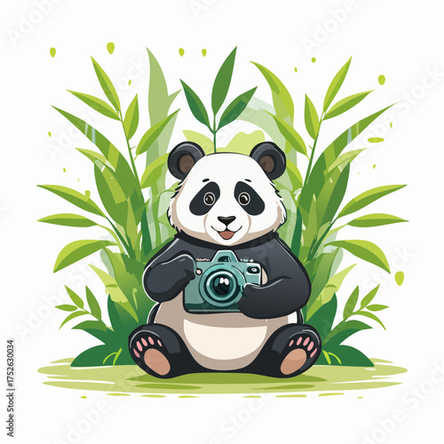 Cute cartoon panda holding a vintage camera, surrounded by lush green bamboo plants, a playful illustration for nature lovers and photographers