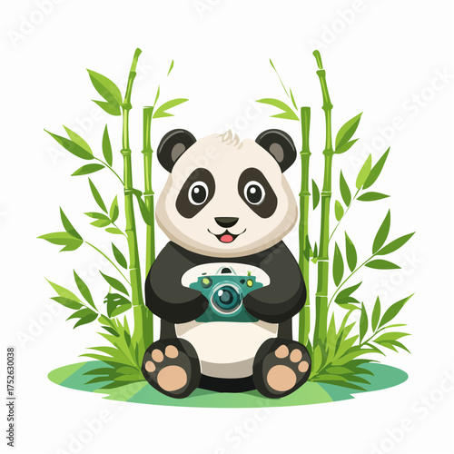 Cute cartoon panda holding a camera in a bamboo forest, illustration