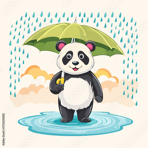 Cute panda holding a green umbrella standing in a puddle during a rainy day with clouds