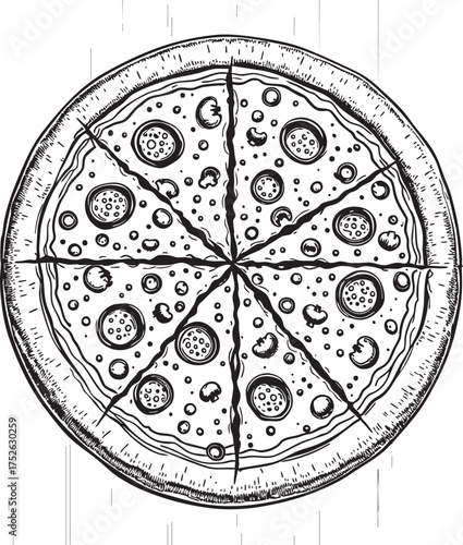 Hand drawn pizza with pepperoni and mushrooms cut into slices on a wooden surface top view
