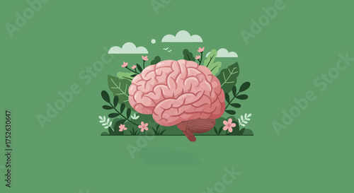 A brain sits in a garden surrounded by flowers leaves and clouds