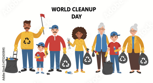A vector drawing shows people cleaning up trash for World Cleanup Day