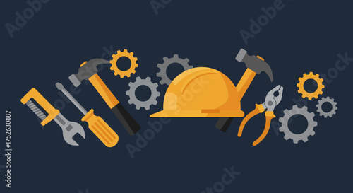 An illustration featuring tools wrenches hammers gears pliers and a hard hat on a dark background