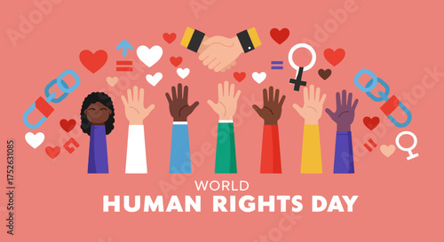 Colorful illustration symbolizing human rights with diverse hands chains and symbols