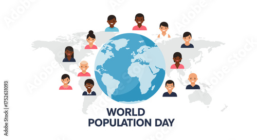 Diverse faces surround the Earth on a map signifying World Population Day