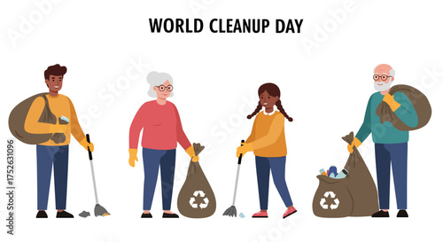 Diverse group cleans up for World Cleanup Day with bags and tools