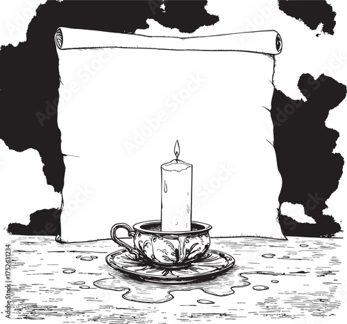 A candle in a teacup with a scroll behind it on a table with a cloudy background in black and white