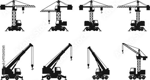 Construction crane silhouette set, tower and mobile crane vector icons, heavy lifting equipment illustrations for building site, engineering, industrial design use