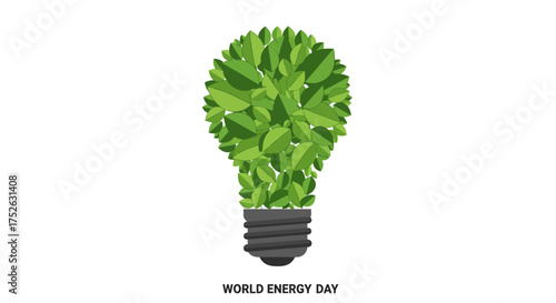 Green leaves form a lightbulb above a gray base with WORLD ENERGY DAY text underneath