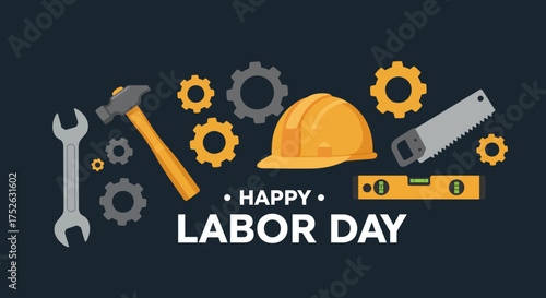 Labor Day design with construction tools wrench hammer hard hat saw level and gears