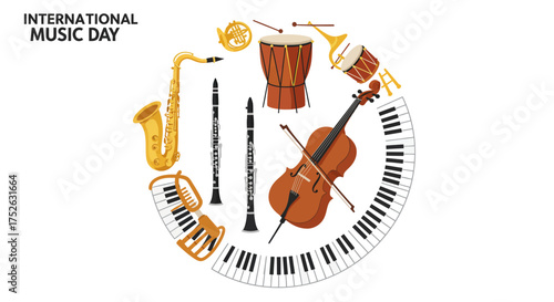 Musical instrumentssax cello trumpet keyboard drum etcarranged in a ring with the text International Music Day at the top left