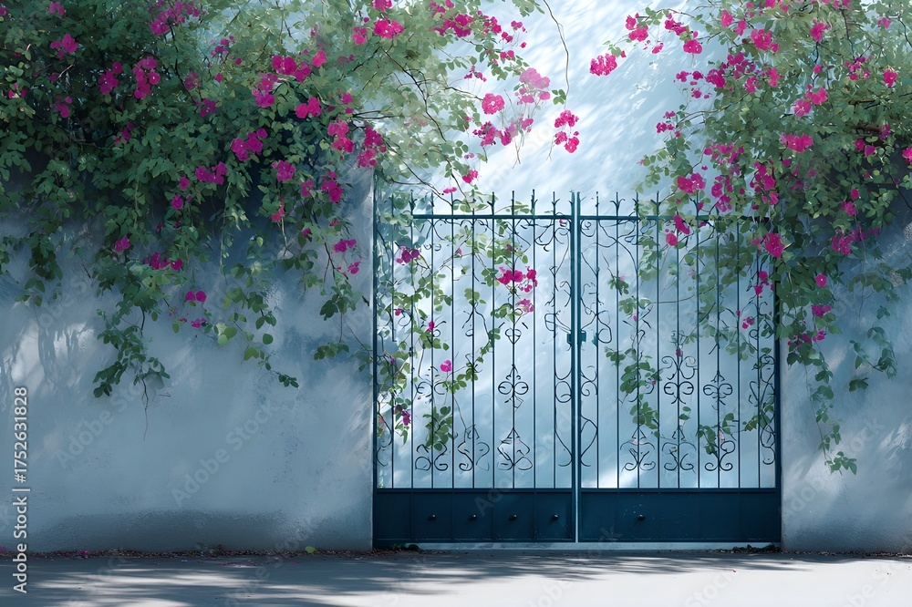 Fototapeta premium Watercolor Garden Gate With Climbing Roses And Vines Pattern Artistic Floral Illustration Design Element