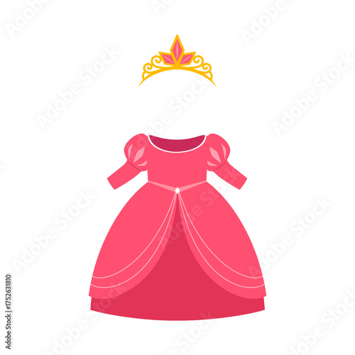 Cartoon princess dress and crown vector illustration in pink and gold color scheme