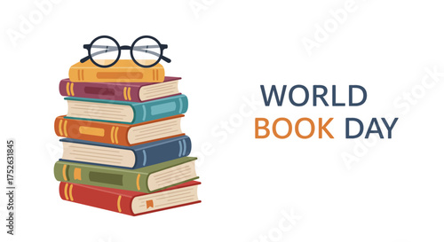 Stack of books glasses on top next to World Book Day text