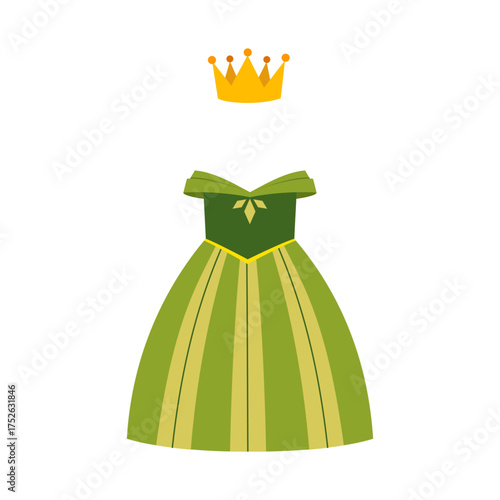 Illustration of a beautiful green dress with gold crown on the top for costume