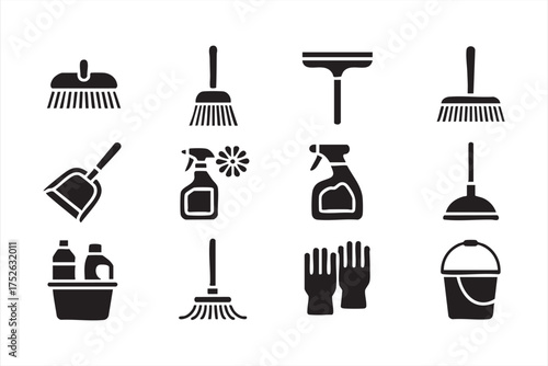 Vector art of housekeeping symbols including spray bottles and cleaning gloves