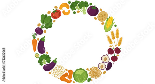 Vegetable wreath colorful circle of various cartoon produce