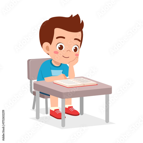 Happy Young Boy Reading Book at Desk in Classroom Illustration Learning Education