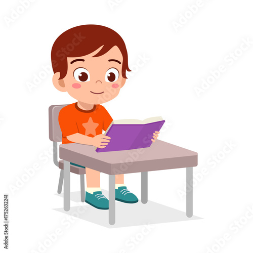 Young Boy Reading Book at Desk with Happy Expression in Cartoon Style Illustration
