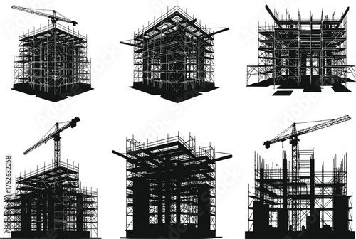 Construction site silhouettes, tower cranes, scaffolding, steel frameworks, urban development, architectural engineering, high-rise buildings, black and white vector illustration, industrial design