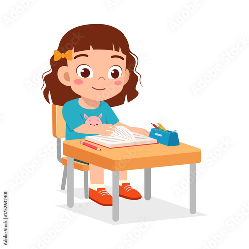 Young Student Reading Book at Desk with Joyful Expression in Classroom Illustration