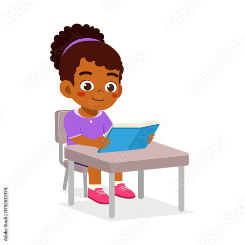 African American Little Girl Sitting at Desk Reading a Book with Happy Expression Illustration