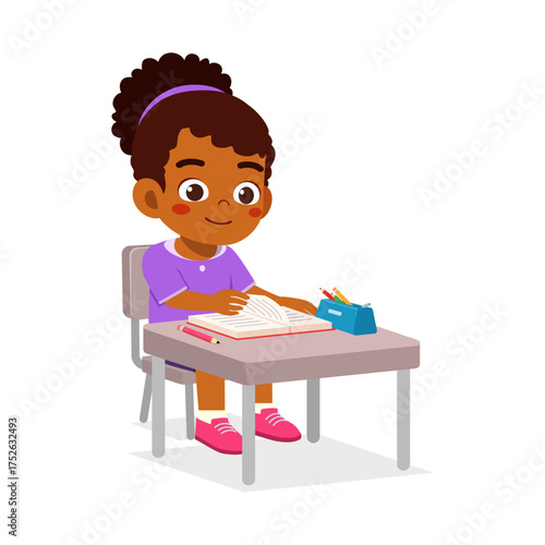 African girl reading book at desk in classroom happy student learning illustration
