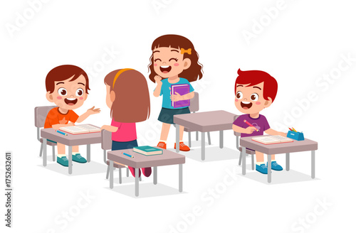 Happy elementary school kids studying together in classroom with cheerful expression