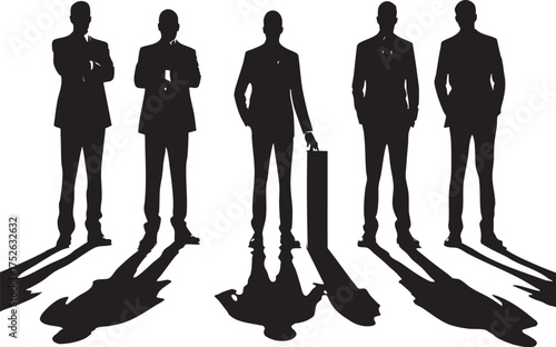 Silhouette of five businessmen in suits standing in a row with long shadows on a white background
