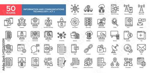 Information And Ccommunications Technology ( ICT ) collection set. Network, Infrastructure, Date Center, Telecommunication ,Information Technology, Technology ,Protection, Wireless, icon. Simple outli