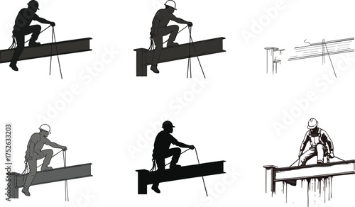 Construction workers on steel beams, safety gear, cable handling, high-rise building site, vector illustration for industrial, architectural, and engineering content