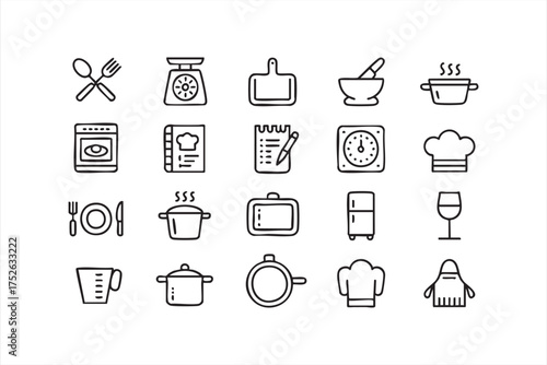 Outline illustration of chef tools, utensils, and food elements for menu design