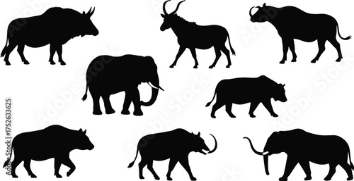 Wild animal silhouettes vector collection isolated on white background, elephant bull buffalo antelope illustration, wildlife safari design elements