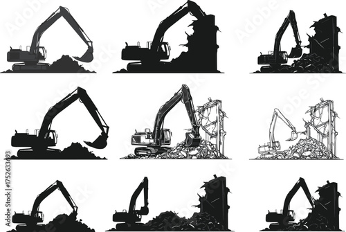 Excavator demolition vector set, construction machinery illustration, building destruction process, heavy equipment in action, rubble and debris, engineering concept art