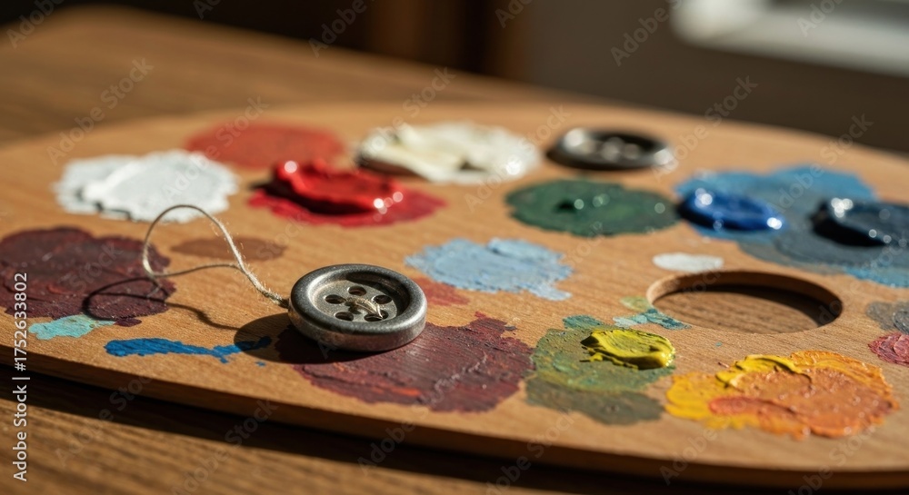 Fototapeta premium Wooden palette with globs of paint and artist's tool, lit naturally