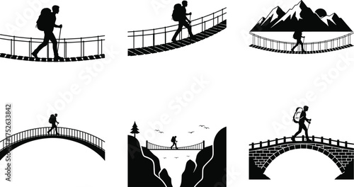 Hiking bridge silhouette vector illustration, outdoor trekking adventure, mountain exploration concept, black and white graphic art, nature travel design, scenic journey