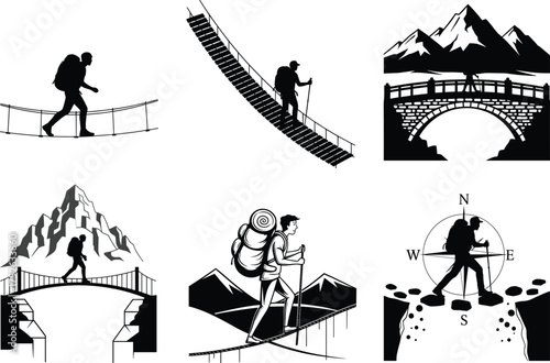 Hiking silhouette vector illustration, mountain adventure scenes, outdoor exploration concept, black and white graphic art, nature travel design, trekking lifestyle