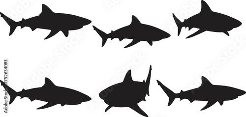 Shark silhouettes collection, underwater predator fish in various poses, marine animal vector illustration for ocean wildlife design and sea art