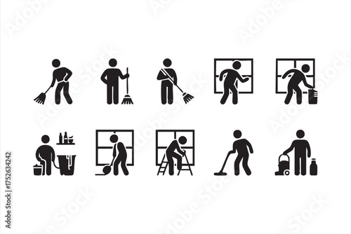 Black and white icon set showing window cleaning and floor maintenance actions