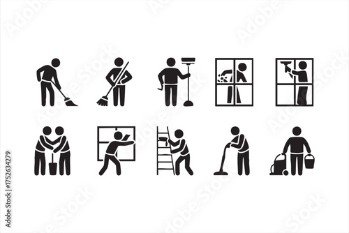 Professional janitor and cleaner silhouette illustrations for hygiene concepts