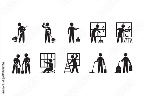 Vector icons of cleaning service workers performing janitorial and housekeeping tasks