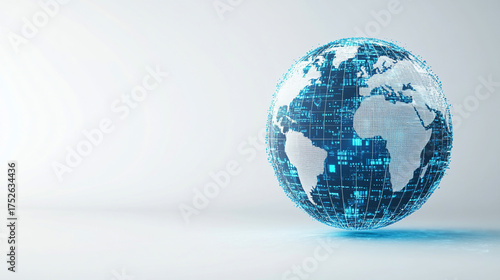 Hyperrealistic abstract data globe floating in clean white space, symbolizing global connectivity, digital networks, and futuristic technology in a minimalist style.

